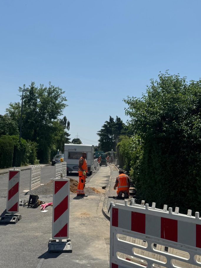 Bauarbeiter arbeiten an einer Straße, umgeben von Absperrungen und Bäumen.