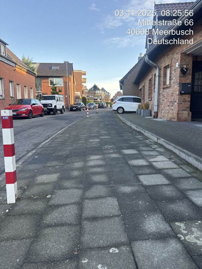 Blick auf eine ruhige Straße mit parkenden Autos und einem gepflasterten Gehweg.